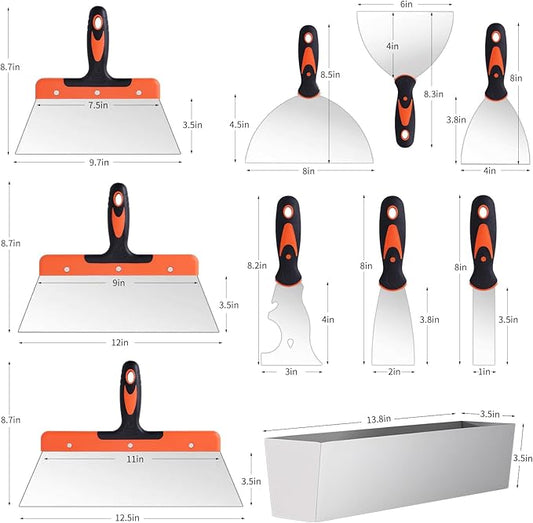 Drywall Knife Set, 10Pcs Drywall Tools Includes Stainless Steel Putty Set, Taping knife, Painter Scraper Tool & 14" Mud Pan Perfect for Joint Taping, Finishing and Patching