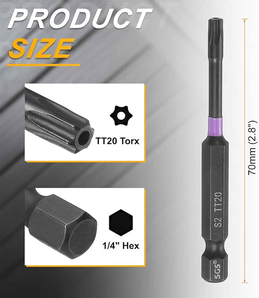 HARFINGTON TT20 Torx Head Impact Screwdriver Bits 1/4" Hex Shank 2.8" (70mm) Long Magnetic Tamper Proof 6 Point Star Screw Driver Drill Bits Phosphate S2 Steel Power Tools with Hole