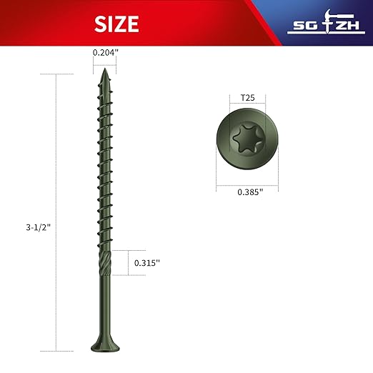 #10 x 3-1/2" Deck Screws (51Pcs) 1lb. Carbon Steel, Green, Flat Head, Rust Resistant epoxy Coated, with T25 Star Bit