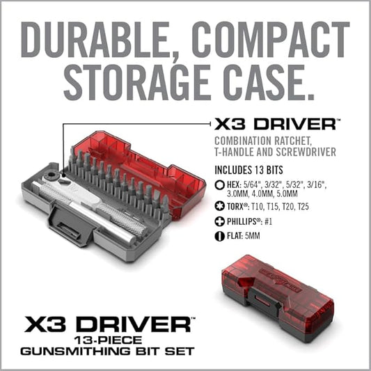 Real Avid X3 Ratcheting Screwdriver Set with 13 Bits, 3-in-1 Driver, T-handle & Extension - Includes 4 Hex 4 Torx 3 Metric 4 Standard Hex & Phillips