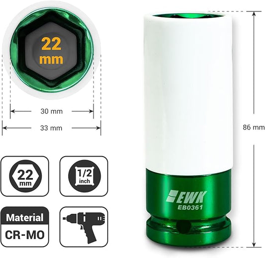 EWK 1/2" Drive 22mm Lug Nut Socket, 22mm Impact Socket, Non-Marring Protective Sleeve Prevents Damage to Custom Rims