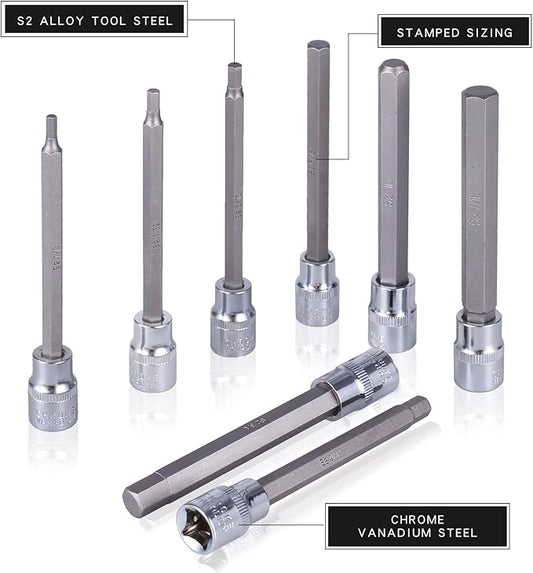 20PCS Extra Long Hex Bit Socket Set 3/8 Inch Drive | Standard SAE & Metric (1/8-Inch - 3/8-Inch, 3-12mm) | S2 Alloy Steel Allen Bits | Heavy Duty Cr-V Sockets Set