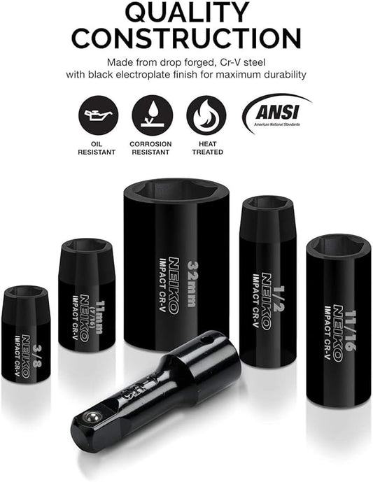 NEIKO 02443A 3/8" and 1/2" Drive Master Impact Socket Set | 38 Piece | Standard SAE (Inch) and Metric (mm) Sizes Below | Deep and Shallow Kit | Cr-V Steel | Includes Duometric Sockets