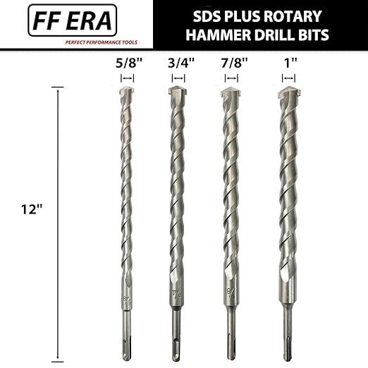 SDS Plus Drill Bits – 4pcs 12 Inch Concrete Masonry SDS Plus Drill Bit Set - Carbide Tipped - Rotary Hammer Drill Bits for Brick, Stone, Concrete (5/8” x 12”, 3/4” x 12”, 7/8” x 12”, 1” x 12”)