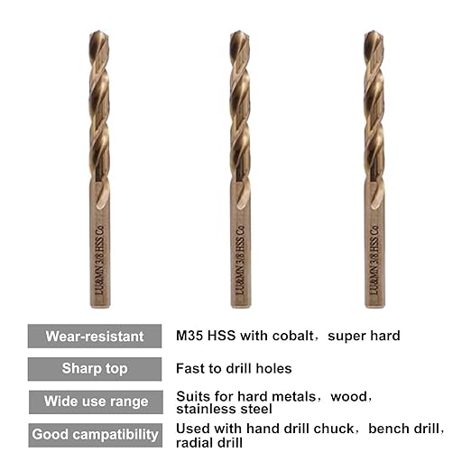 3/8" M35 Cobalt HSS Jobber Length Twist Drill Bit with Straight Shank,Heavy Duty, Pack of 10 PCS, Drilling for Cast Iron, Heat-Treated Steel, Stainless Steel and Other Hard Materials by LU&MN