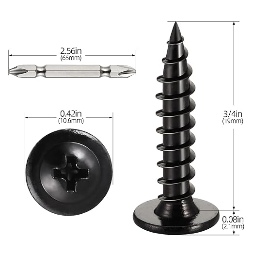 #10 x 3/4" (150 PCS) Modified Truss Head Wood Screws, Phillips Drive Quick Metal Self Tapping Screws, Black Coating, Full Thread, Screwdriver Bit Included