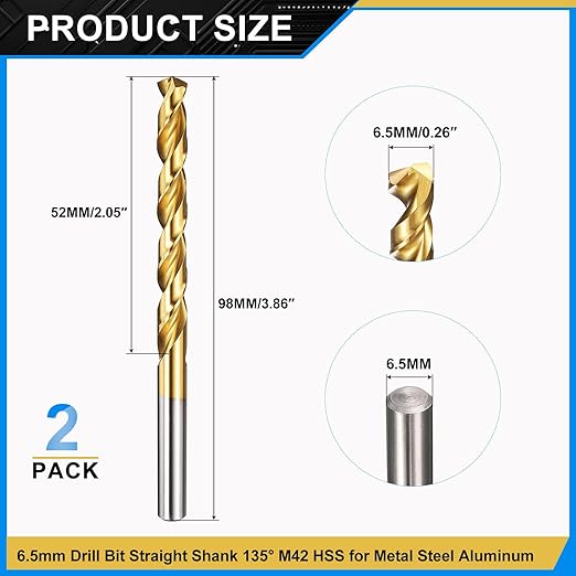 PATIKIL 6.5mm Drill Bit, M42 8% Cobalt High-Speed Steel Jobber Straight Shank 135° Titanium Nitride (TiN) Coated for Hard Metal Stainless Steel - 2 Pack
