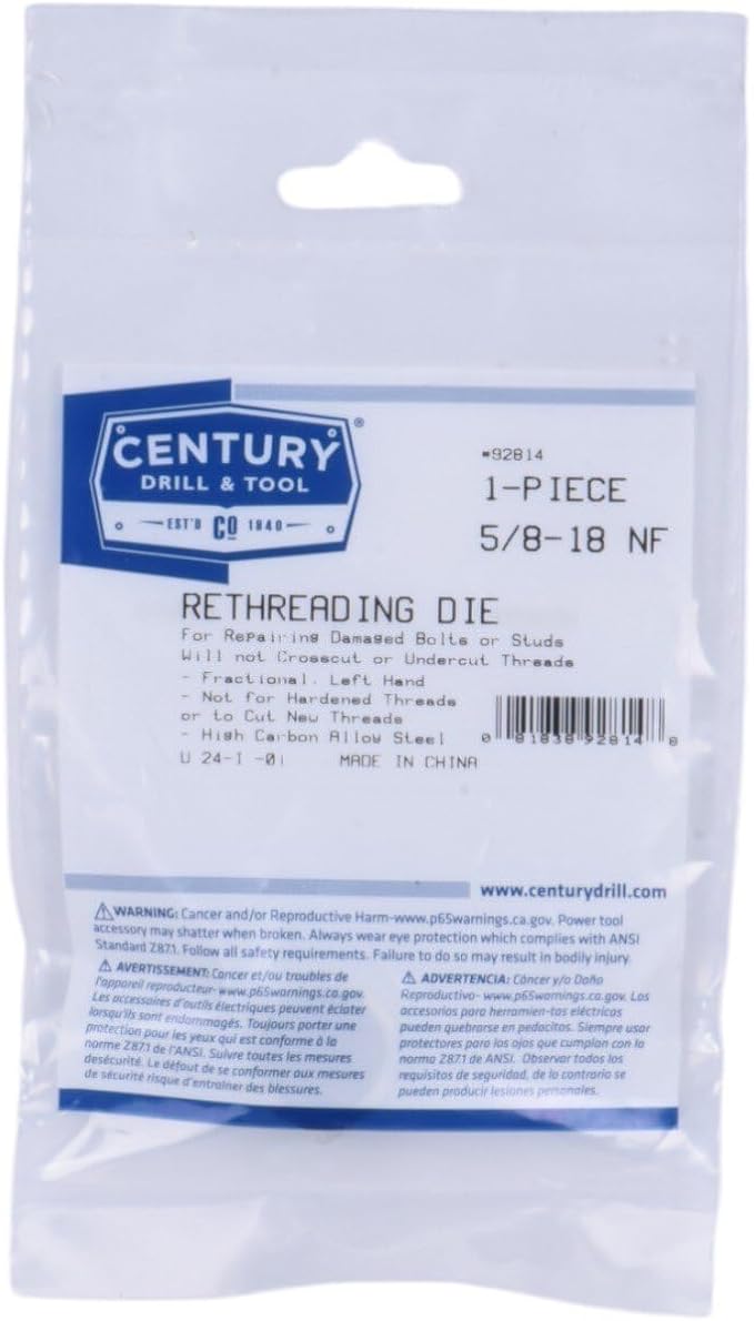 Century Drill & Tool, 92814, 5/8-18NF, Left Hand Rethreading Die, Tool Set, Fractional Thread Repair