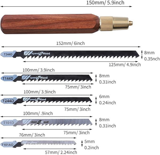 Hand Saw Kit, Hex Rosewood Handle, 5 Jigsaw Blades, Manual Woodworking Saw