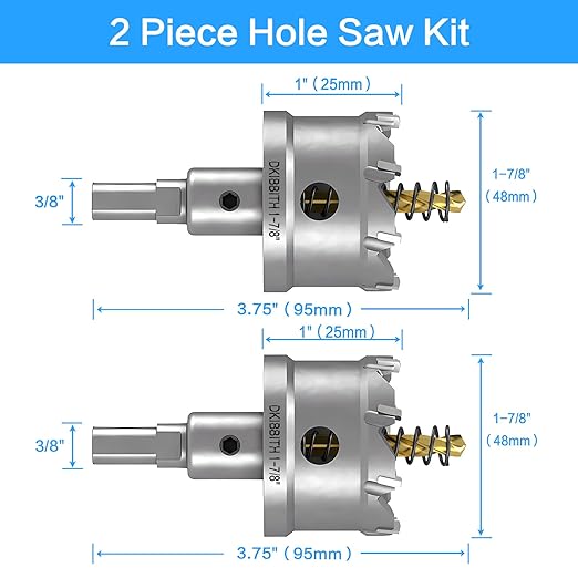 DKIBBITH TCT Hole Saw Set, 2-Pack 1-7/8" (48mm) Heavy Duty Tungsten Carbide Tipped Hole Cutters for Stainless Steel, Copper, Iron, Brass, Plastic with Titanium-Plated Pilot Drill Bits