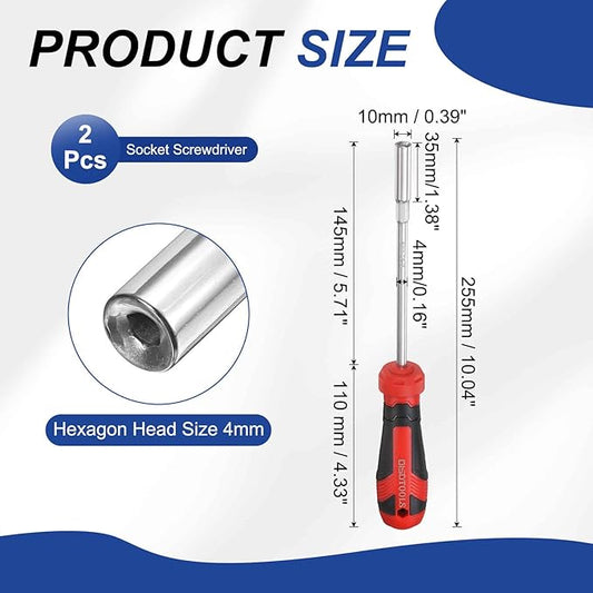 HARFINGTON 2 Pcs Metric Nut Driver 4mm CR-V Non-Magnetic Tip Hollow Shafts Hex Socket Screwdriver with Anti-Slip Handle for Automobile Repair Bit Driver