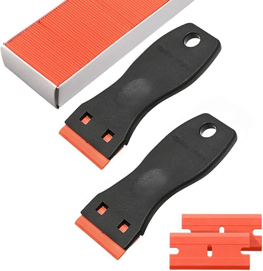 Sticker Scraper Tool Set include 120 Pcs 1.5 Inch Plastic Scraper Blades + 2 Pcs Plastic Razor Blade Scraper for Auto Vinyl Wrap Window Tint Glass Cleaning Adhesive Glue Paint Remove Plastic Scraper