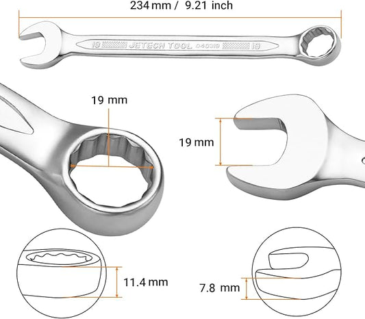 Jetech 19mm Combination Wrench - Industrial Grade Spanners with 12-Point Design, 15-Degree Offset, Made with Durable Chrome Vanadium Steel in Sand Blasted Finish, Forged, Heat-Treated, Metric