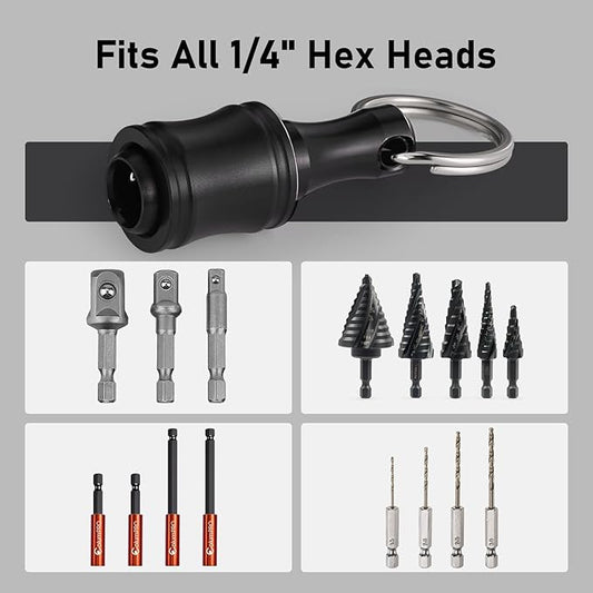 Valkynos 12Pcs Bit Holder Key Chain, Drill Bit Holder for 1/4 Hex Shank Bits, Impact Bit Holders for Screwdriver Bit Set Flexible Drill Bit Extension, w/Black Carabiner Gifts for Men