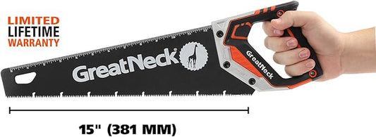 GreatNeck 74003 15" Hand Saw, SK-5 Steel Blade, Tri-Bevel Teeth, Comfort Grip, Aluminum Frame – Wood Cutting Tool for Precise, Fast Cuts