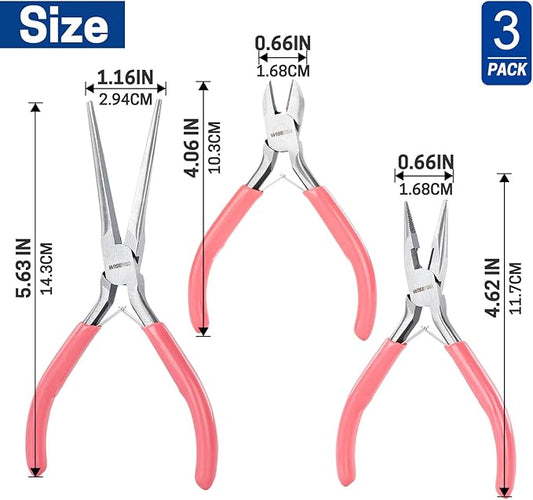 3 PCS Mini Pliers Set, Pink Jewelry Plier Kit with Needle Nose, Diagonal & Long Nose, Pink Tool Set for Women Jewelry Making, Repair and Crafts