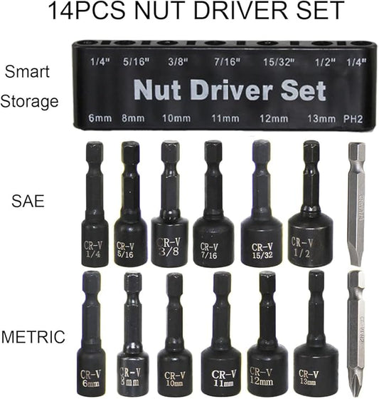 MacWork 14PCS Magnetic Hex Nuts Driver Set for Impact Drill, CR-V Steel, SAE 1/4" to 15/32", Metric 6mm to 13mm, 1/4" Hex Shank Drill Bit Set Screwdriver Socket Set