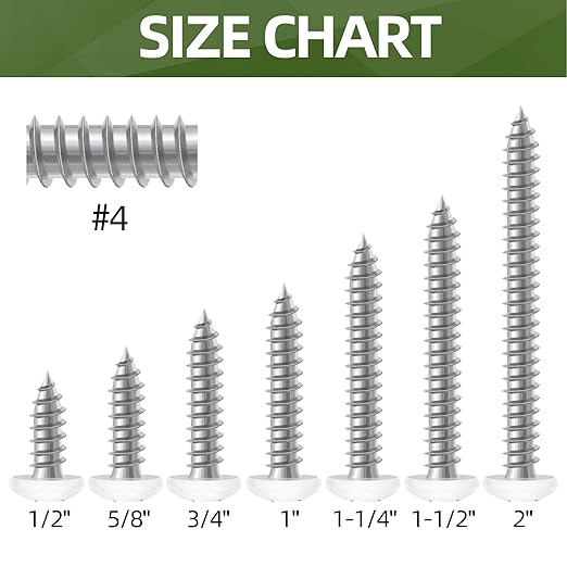 100 PCS #4 x 1-1/4" White Head Sheet Metal Screws, Pan Head Phillips Fast Self Tapping Screws, Round Head Wood Screws, Screwdriver Bit Included