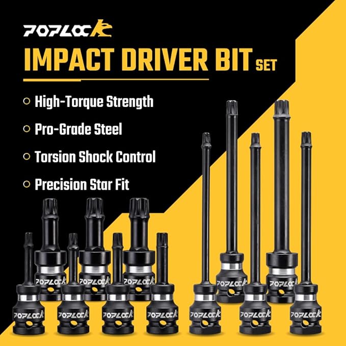 Poplock Impact Driver Set | 7-Piece 쩍 inch Drive Star Bit Set (T30?밫70) | 75mm Long Impact Driver Bit Set with 6-Lobed Allen Tips for Torx Fasteners T30 T40 T45 T50 T55 T60 T70