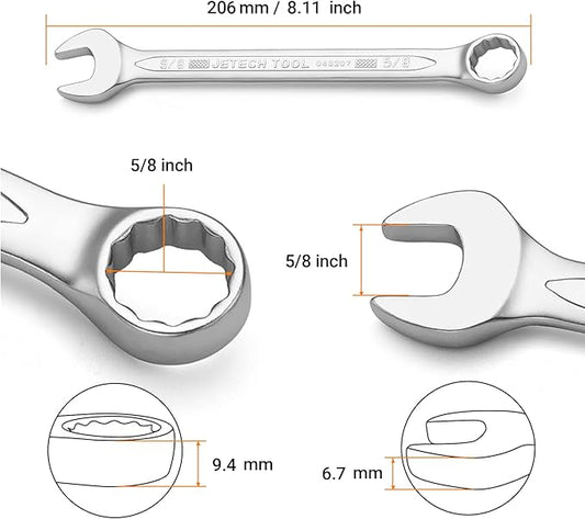 Jetech 5/8 Inch Combination Wrench - Industrial Grade Spanners with 12-Point Design, 15-Degree Offset, Made with Durable Chrome Vanadium Steel in Sand Blasted Finish, Forged, Heat-Treated, SAE