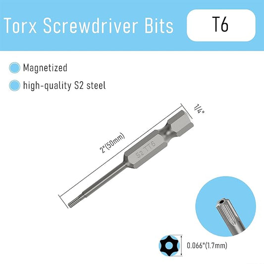 5PCS T6 Magnetic Tamper Proof Torx Screwdriver Bits, 1/4 Inch Hex Shank 2 Inch Length S2 Steel Security Drill Torx Head Drill Screw Driver Tools(50mm Long, Star 6 Point)