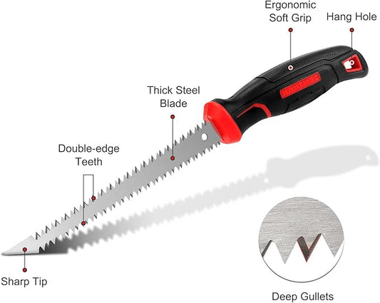 HAUTMEC 6-Inch Drywall Jab Saw with Soft Grip Handle and Sharp Tip, Double Edge Hand Saw for Wallboard, Drywall, Plywood, Plastic Cutting, Trimming, Gardening and Pruning, HT0028-SA