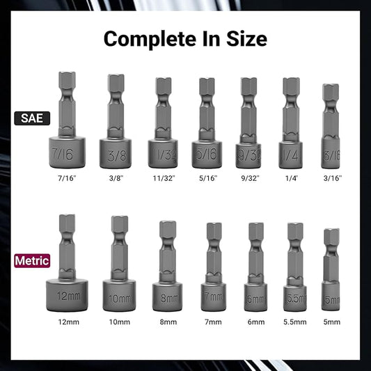 14pcs Power Nuts Driver Drill Bit Tools Set Metric Socket Wrench Screw 1/4'' Driver Hex Keys