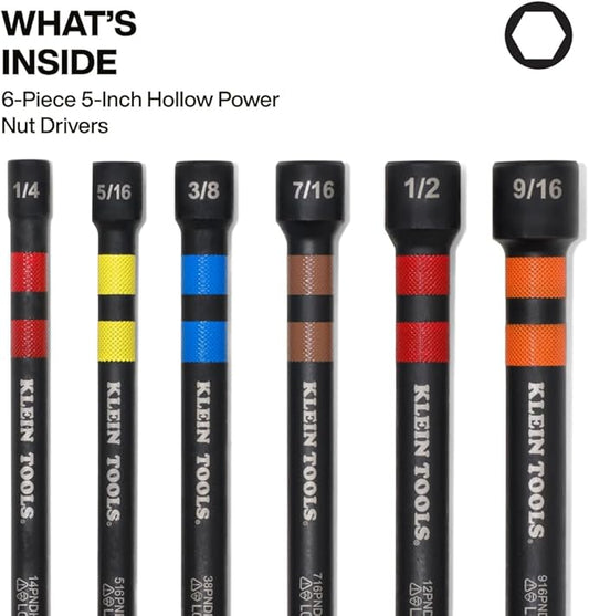 Klein Tools 32940 SAE Magnetic Hollow Impact Nut Drivers Set, 6-Piece Color Coded Hollow Power Nut Driver with Extended Reach, 6 SAE Sizes