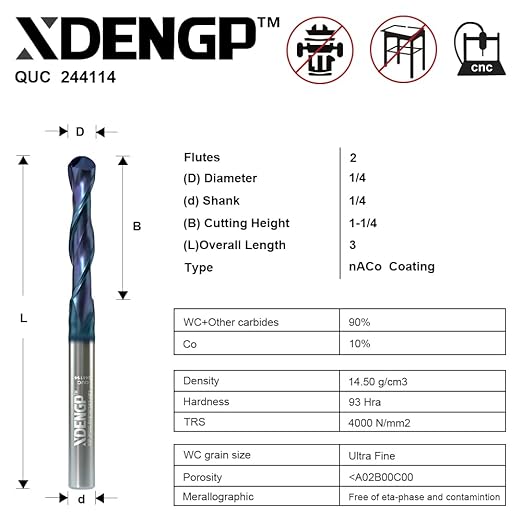 Up Cut Ball Nose Router Bit for CNC, 1/4 inch Cutting Diameter and 1-1/4 inch Cutting Length 1/4 inch Shank with nACo Coated Carbide End Mill for Wood Side Milling End Milling, Finish Machining