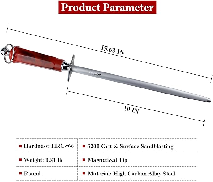 Sharpening Steel Knife Sharpener Rod Round 10 Inches Honing Steel for Knives Red