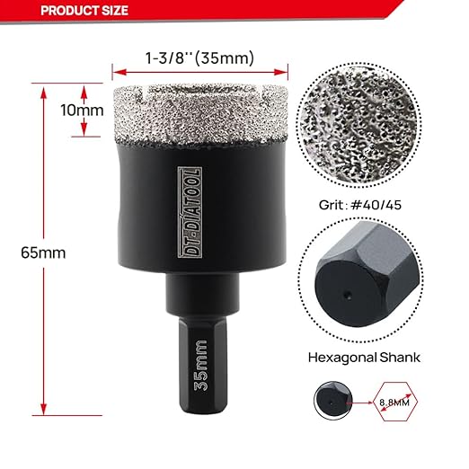 DT-DIATOOL Diamond Core Drill Bit 1-3/8 Inch for Porcelain Tile Ceramic Marble Artificial Stone Diamond Hole Saw Hex Shank