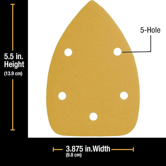 Dura-Gold Premium Mouse Detail Sander Sandpaper Sanding Sheets - 120 Grit (Box of 24) - 5 Hole Pattern Hook & Loop Triangle Mouse Discs - Woodworking Wood, Furniture Crafting, Sand Automotive Paint