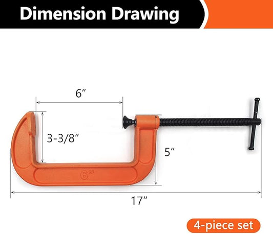 (4 PACK) C Clamps Set 6 Inch Heavy Duty Steel Iron Alloy Versatile G-Clamps, Orange