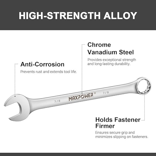 MAXPOWER 7/8 Inch Combination Wrench, Industrial Grade Spanners with 12 Point Box End, Durable Chrome Vanadium Steel with Off Corners Design, 15 Degree Offset - SAE