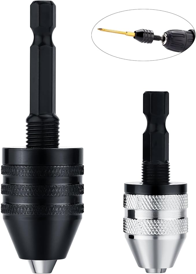 2Pcs Drill Chuck Adapter Keyless, 1/4 Inch Hex Shank Drill Bit Adapter Converter for Impact Driver, Quick Change Impact Drill Chuck Adapter in 0.6-8mm, 0.3-3.6mm for Tool Attachment