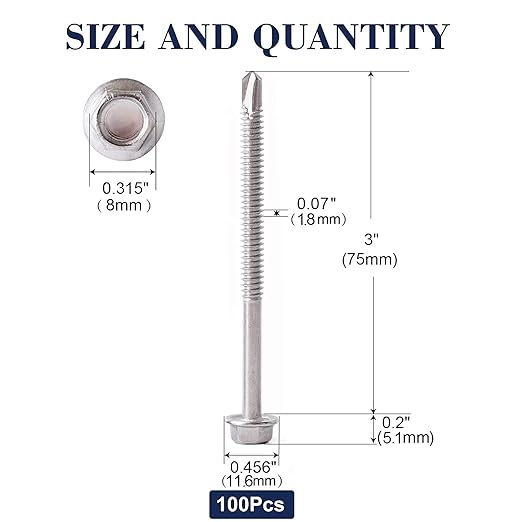 #12 x 3 Sheet Metal Screws 100PCS 410 Stainless Steel Hex Washer Head Fast Self Tapping Screws by SG TZH