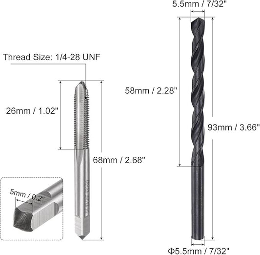 uxcell Tap and Drill Bit Set, 1/4-28 UNF Thread Tap & 7/32" Black Oxide Twist Drill Bit, Straight Flute Tap Tapping Threading Repair Tool Kit