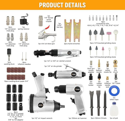 Hoteche 71-Piece Air Tool Kit | 1/2" Single-Hammer Air Impact Wrench (7000RPM), 1/2" Air Ratchet Wrench & Multiple Tools, Blow-Molded Case