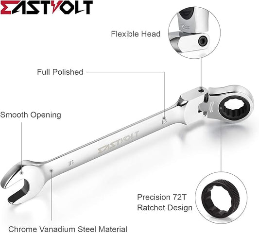 Eastvolt 12-Piece Flex-Head Ratcheting Wrench Set, Metric 8mm-19mm, Combination Ended Spanner kits, Chrome Vanadium Steel with Toolbox, EVHT1201 (Pack of 5)