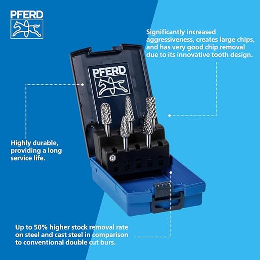 PFERD 5-Piece Tungsten Carbide Bur Set, Steel Cut, 1/4" Shank, for Hard Metal Grinding & Deburring, Includes Plastic Case ??Part 26553