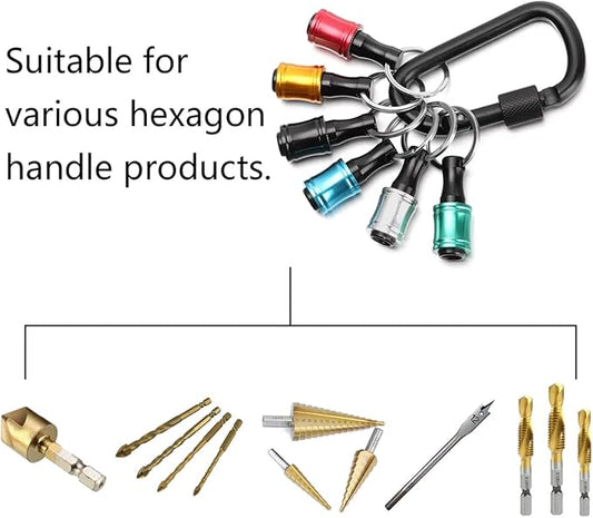 Bit Holder Key Chain 6pcs - 1/4 inch Hex Shank Bit Holders - Quick Release Design with Keychain Carabiner for Nut Driver, Screwdriver & Drill Bits, Aluminum Alloy, Color Coded - Gift for Men