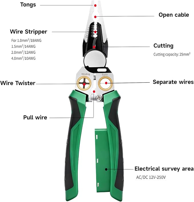 NENOWOND 2025 Upgraded 8-in-1 Wire Stripper with Voltage Tester ??Multifunctional Heavy-Duty Electrical Pliers, Professional Wire Cutter & 12??50V AC/DC Hot/Neutral Tester (Green)