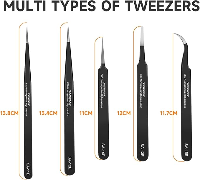 TOWOT Precision Tweezers, Pointed Tweezers for Electronics, Anti-static Stainless Steel Long Tweezers for Crafts, Soldering, Welding, and Jewelry Making Industrial Tweezers