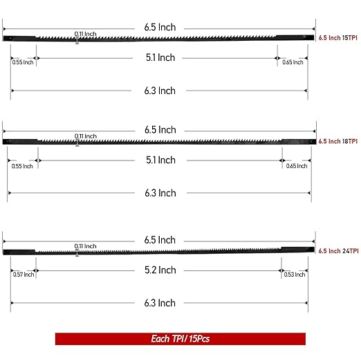 6-1/2 Inch Coping Saw Blades Pin End 45Pack (15 TPI/18 TPI/24 TPI), Scroll Saw Blades for Sawing Wood, Plastic, Non-Ferrous Metals