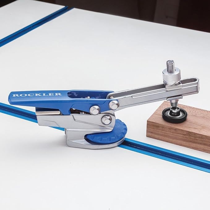 Rockler Auto-Lock T-Track Hold Down Clamp ??Adjustable Clamps for Woodworking w/Set Screw - T Tracks Woodworking Hold Down Clamps Pivots 3600 to Minimize Obstructions ??Heavy-Duty Metal T-Track Stop