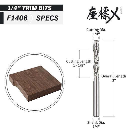 ZahyoX Downcut Spiral Flush Trim Router Bit, Solid Carbide Flush Trim Straight Router Bit with Double Bearing, 1/4" Cutting Dia, 1/4" Shank, 1-1/8" Cutting Length, 3" Overall Length