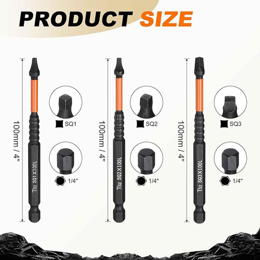 HARFINGTON 3pcs Square Head Screwdriver Bits 1/4" Hex Shank SQ1/SQ2/SQ3 Magnetic Head 4" Length S2 Steel Screw Driver Drill Bit for Repair Work Electric Screw Driver