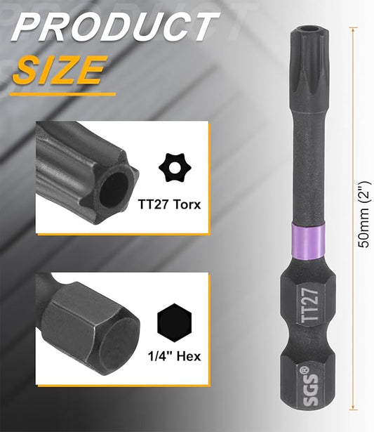 HARFINGTON TT27 Torx Head Impact Screwdriver Bits 1/4" Hex Shank 2" (50mm) Long Magnetic Tamper Proof 6 Point Star Screw Driver Drill Bits Phosphate S2 Steel Power Tools with Hole