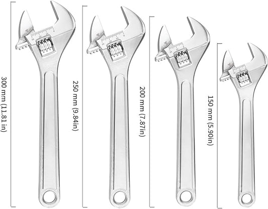 HOIGON 4-Piece Heavy-Duty Adjustable Wrench Set(6", 8", 10", 12"), Wide Jaw Wrenches with Laser-Etched Metric & SAE Scales for Automotive, Plumbing & Repairs, Silver