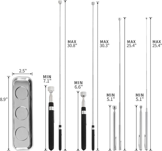 5 PCS Magnetic Telescoping Pick up Tools, 15 LBS, 8 LBS, 3.5 LBS, 1.5 LBS Magnet Stick Screws Parts Finder, with Rectangle Magnet Tray, Pickup Nails, Metal Retrieving